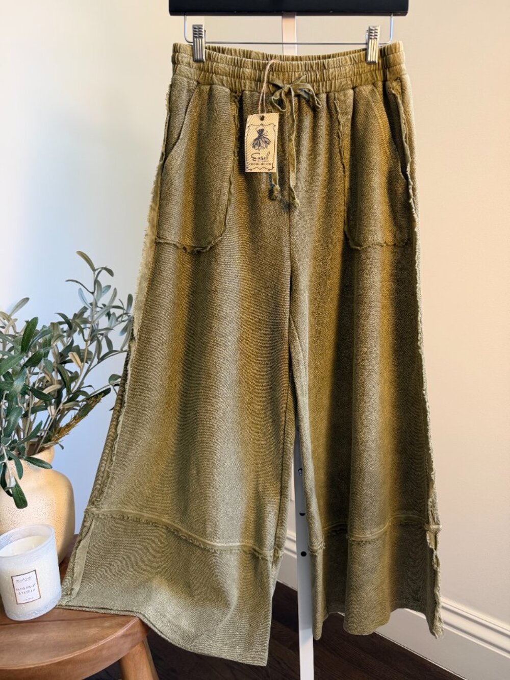 ASEL MINERAL WASHED TERRY KNIT PALAZZO PANTS 100% COTTON - Picture 1 of 5